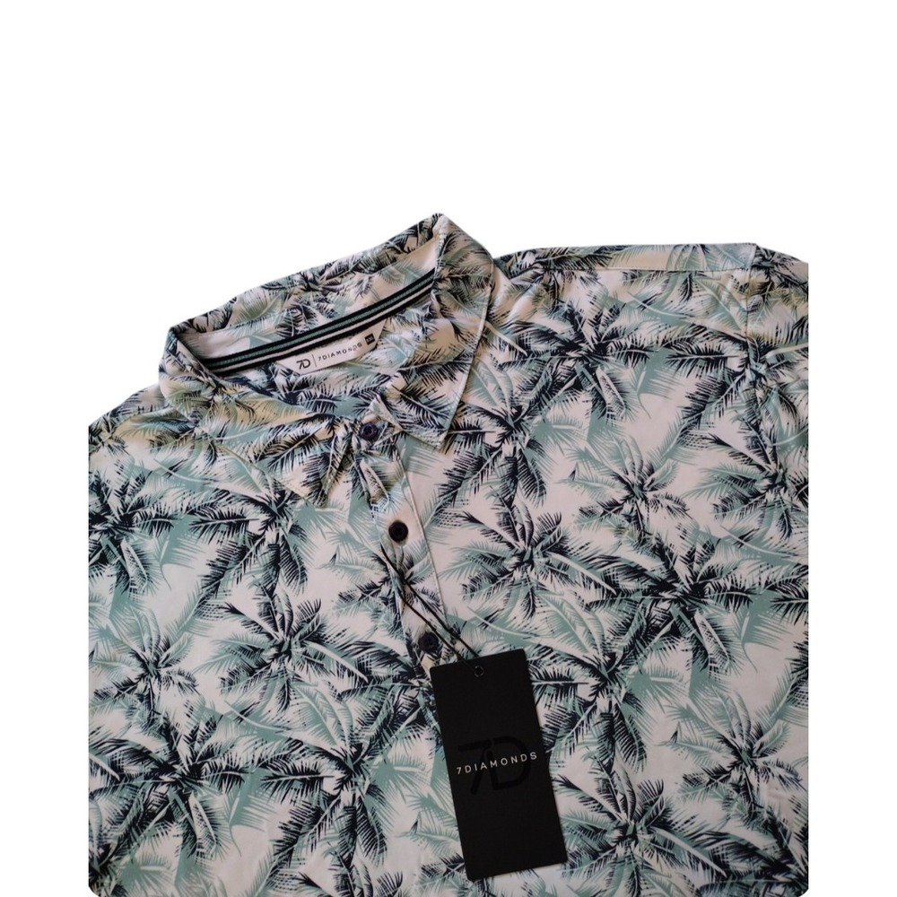 7 Diamonds Polo Shirt Man's XXL Green Floral Tropical Print Golf Vacation